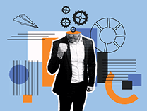 Collage art of a man with mechanincal gears and infographics that represent strategy and growth of a business.