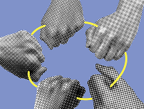 Collage art of 5 hands holding onto a luminous ring symbolizing teamwork.