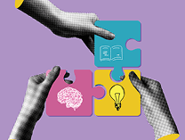 Three hands holding puzzle pieces. One has a brain, the other a lightbulb, and the third a book. Symbolizing intelligence, research, and new ideas.
