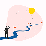 A collage of a man looking down a windy road with flags symbolizing business goals along the way.