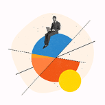A collage of a man sitting on top of a pie chart with a computer taking the Power Values Online Assessment to learn his hierarchy of values.