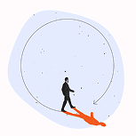 A collage of a man walking with a circular arrow symbolizing coming back to his core.